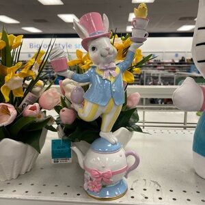 Top Hat White Rabbit Figurine with Teacups, Cupcake & Chick Easter Decor